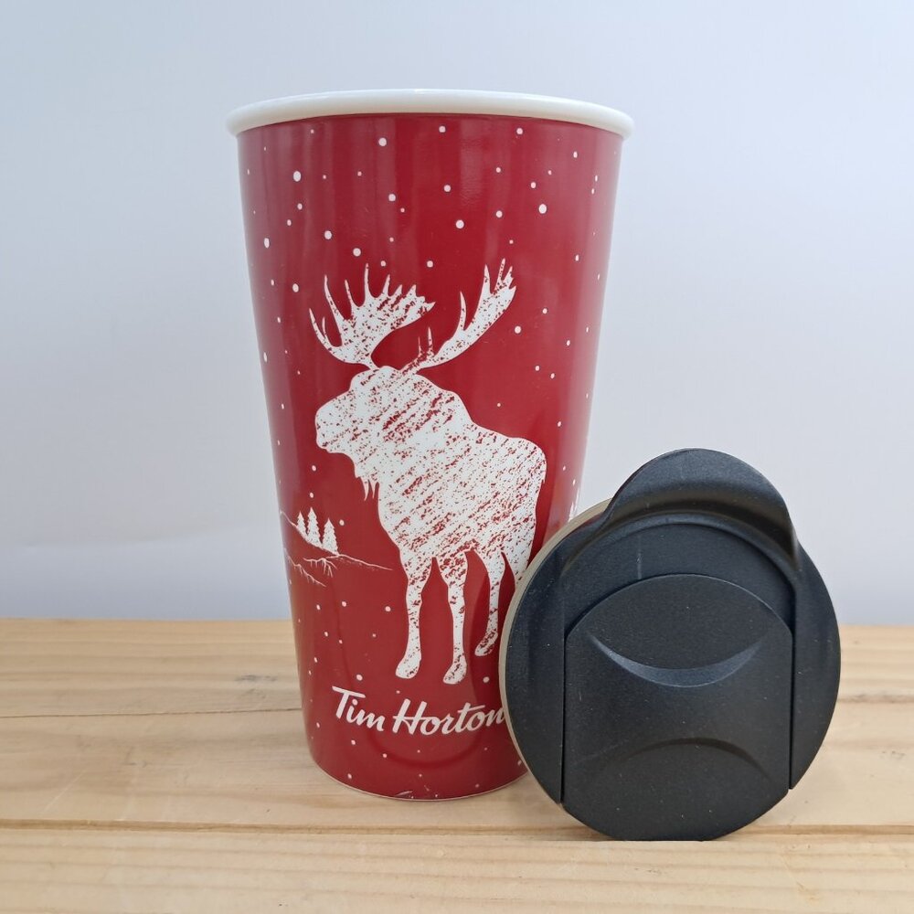 Tim Hortons 2018 Ceramic Travel Mug Winter Moose Red White -  Black Plastic Lid